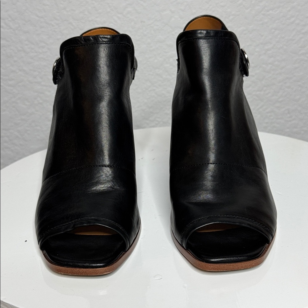FRANCO SARTO ICELYNN BLACK LEATHER PEEP TOE BLOCK HEELED ANKLE STRAP BOOTIE - Picture 3 of 15